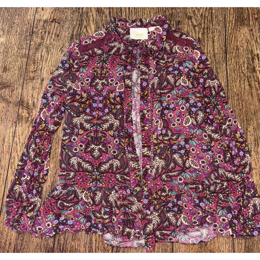 Maeve Anthropologie Blouse Women Size 8 Burgundy Floral Print Long Sleeve V-Neck